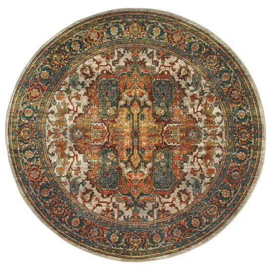 8' Red Gold Orange Green Ivory Rust And Blue Round Oriental Power Loom Stain Resistant Area Rug Photo 1