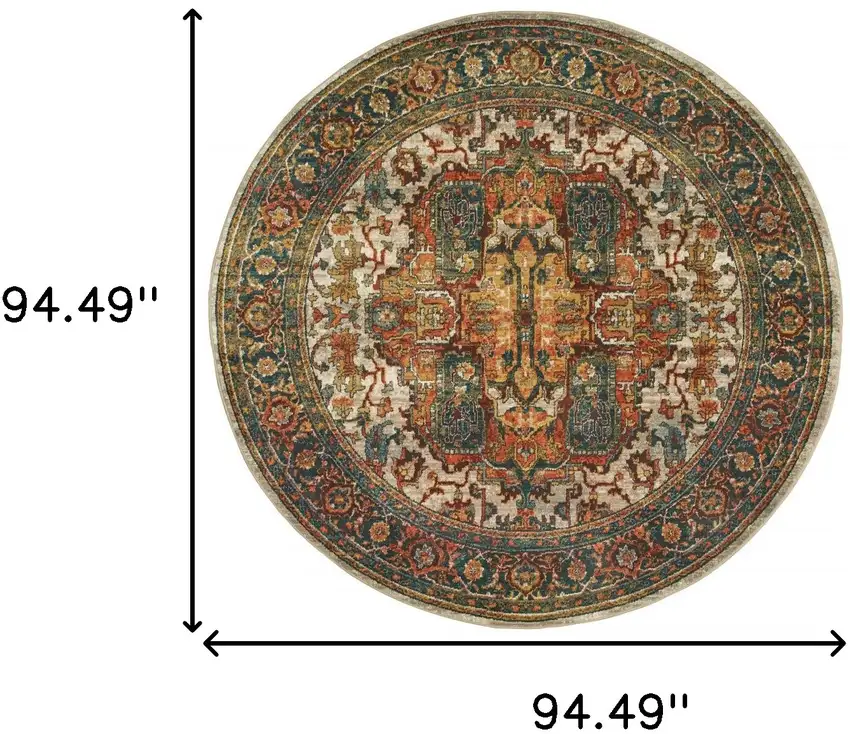 8' Red Gold Orange Green Ivory Rust And Blue Round Oriental Power Loom Stain Resistant Area Rug Photo 4