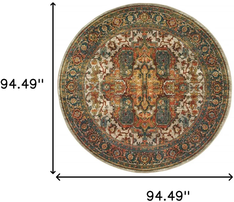 8' Red Gold Orange Green Ivory Rust And Blue Round Oriental Power Loom Stain Resistant Area Rug Photo 4