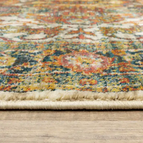 8' Red Gold Orange Green Ivory Rust And Blue Round Oriental Power Loom Stain Resistant Area Rug Photo 3