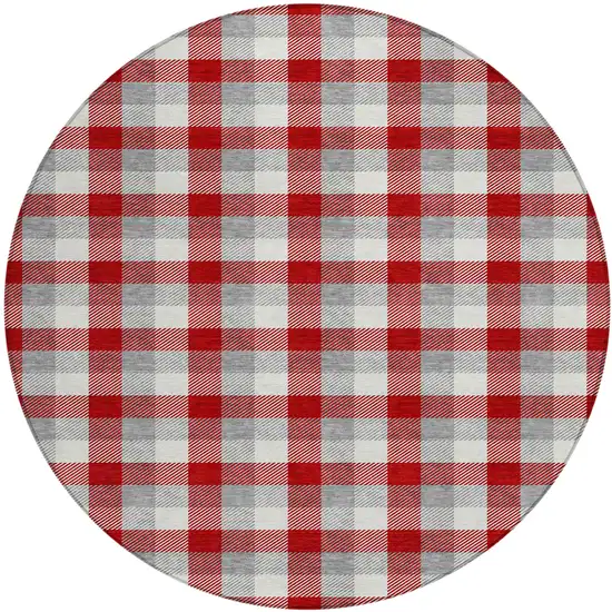 8' Red Gray And Beige Round Plaid Washable Indoor Outdoor Area Rug Photo 2
