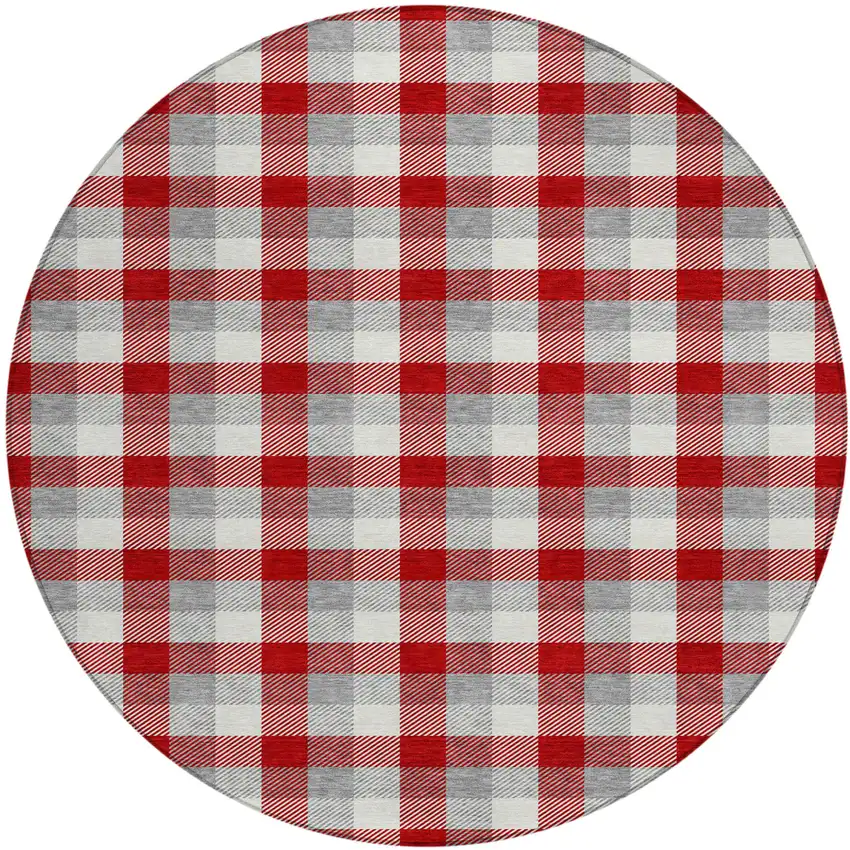 8' Red Gray And Beige Round Plaid Washable Indoor Outdoor Area Rug Photo 2