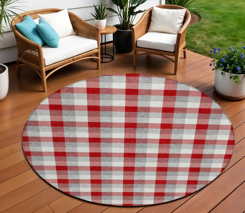 8' Red Gray And Beige Round Plaid Washable Indoor Outdoor Area Rug Photo 1