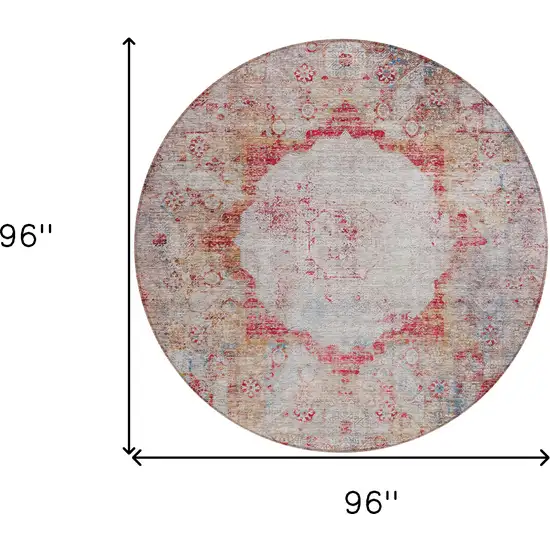 8' Red Gray And Blue Round Oriental Washable Indoor Outdoor Area Rug Photo 3