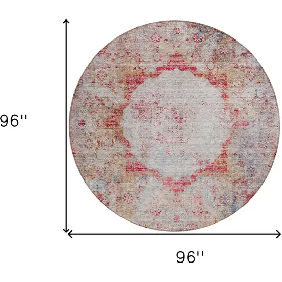 8' Red Gray And Blue Round Oriental Washable Indoor Outdoor Area Rug Photo 3