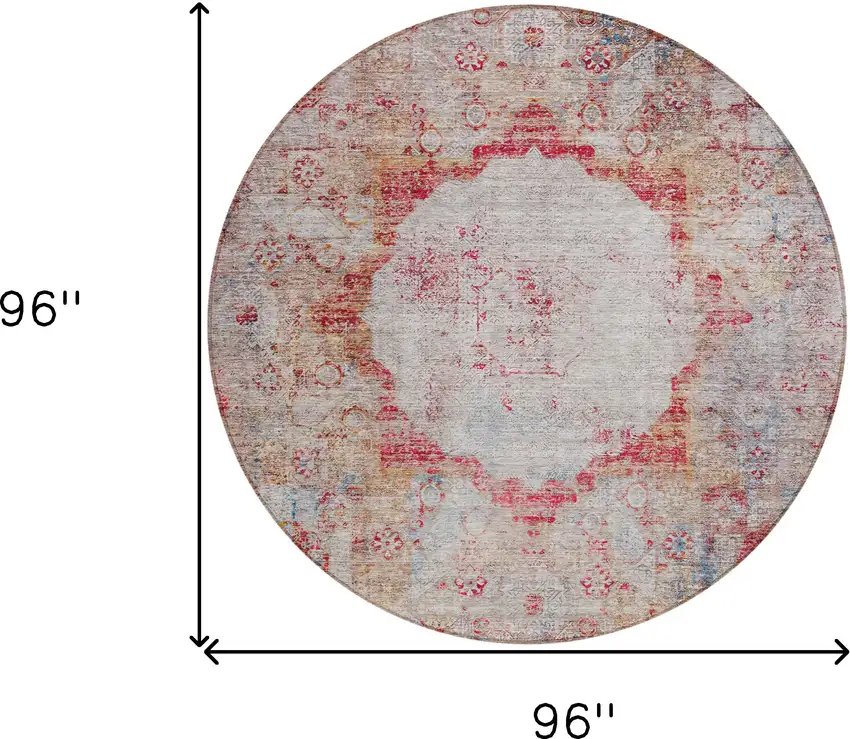 8' Red Gray And Blue Round Oriental Washable Indoor Outdoor Area Rug Photo 3
