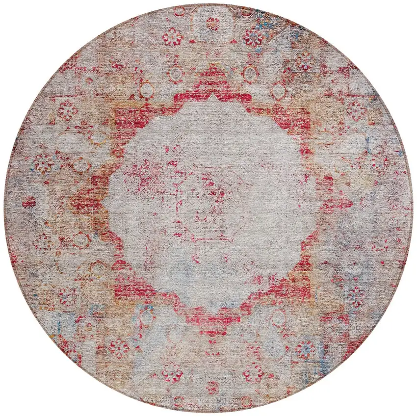 8' Red Gray And Blue Round Oriental Washable Indoor Outdoor Area Rug Photo 6
