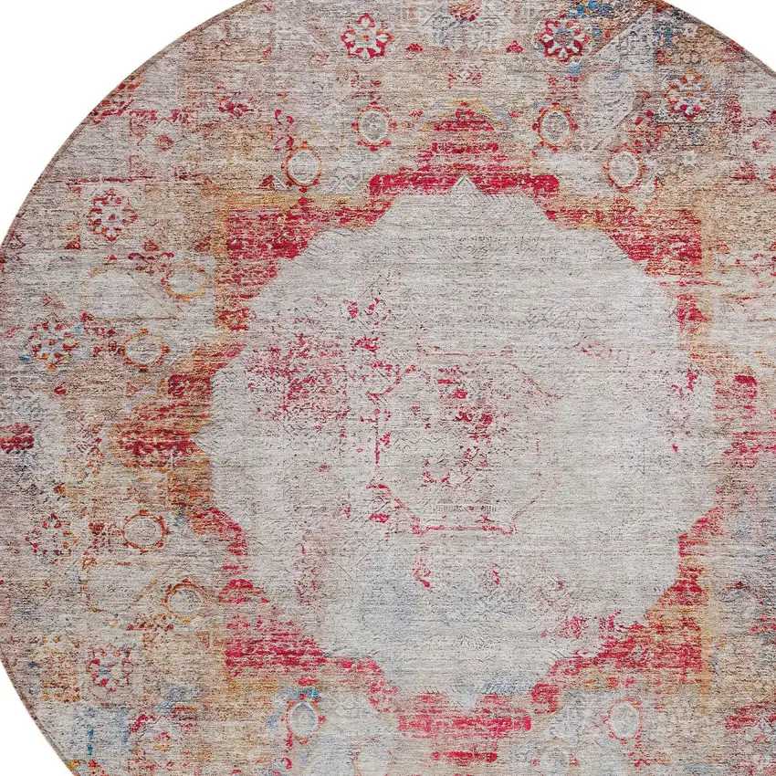 8' Red Gray And Blue Round Oriental Washable Indoor Outdoor Area Rug Photo 5