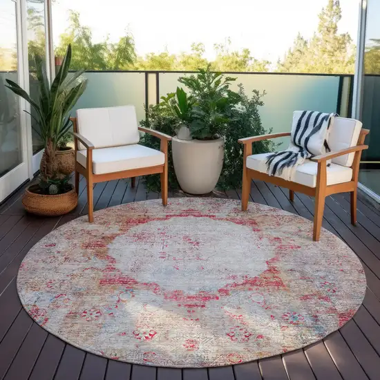 8' Red Gray And Blue Round Oriental Washable Indoor Outdoor Area Rug Photo 7