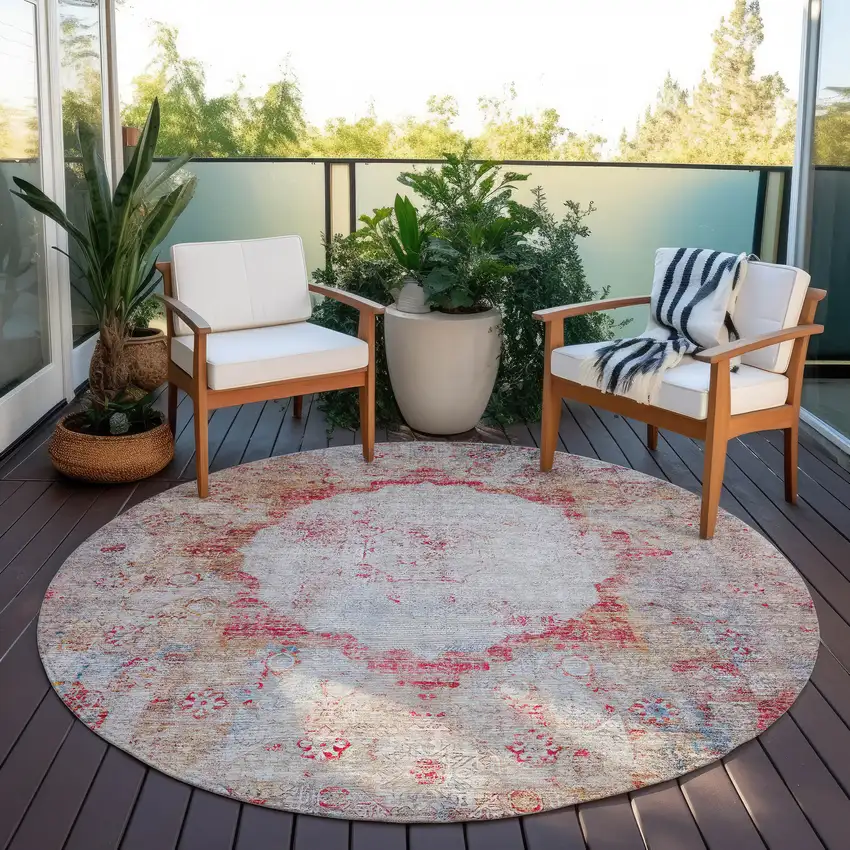 8' Red Gray And Blue Round Oriental Washable Indoor Outdoor Area Rug Photo 7