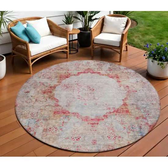 8' Red Gray And Blue Round Oriental Washable Indoor Outdoor Area Rug Photo 1