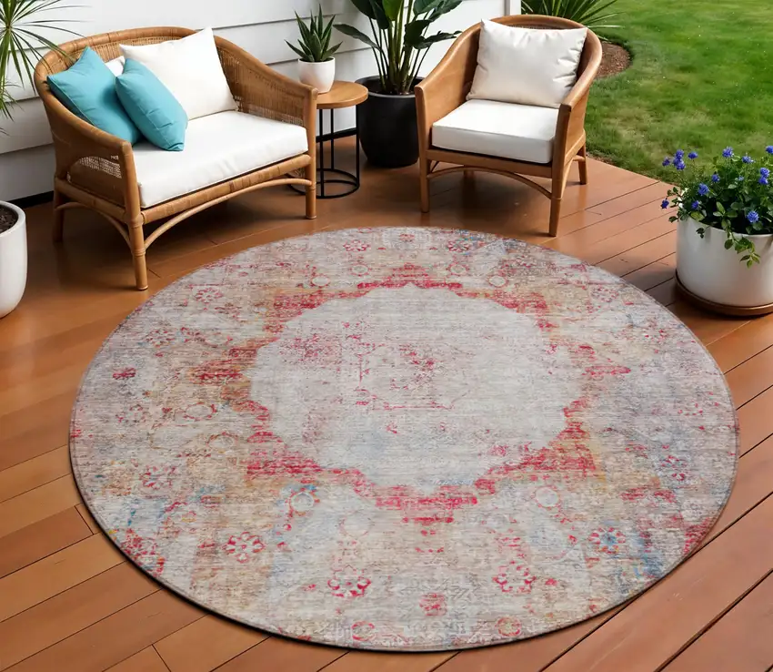 8' Red Gray And Blue Round Oriental Washable Indoor Outdoor Area Rug Photo 1