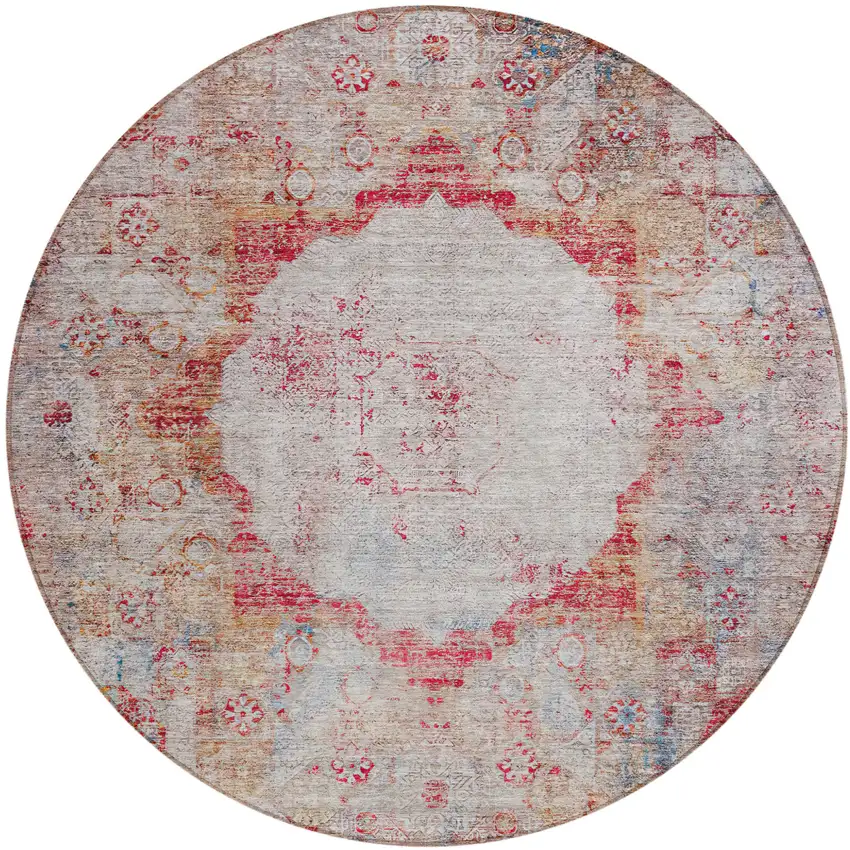 8' Red Gray And Blue Round Oriental Washable Indoor Outdoor Area Rug Photo 2