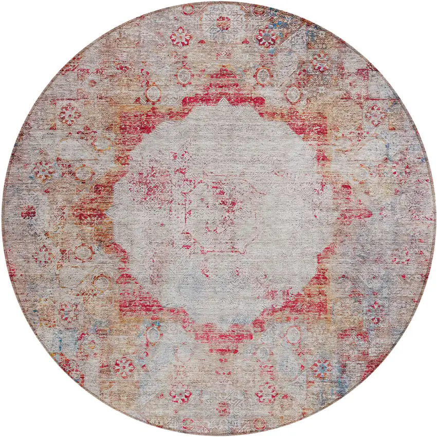 8' Red Gray And Blue Round Oriental Washable Indoor Outdoor Area Rug Photo 2