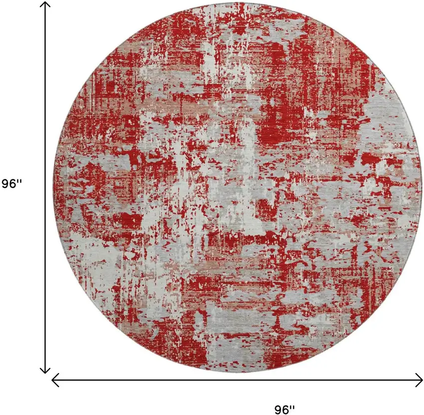 8' Red Gray And Ivory Abstract Washable Round Rug With UV Protection Photo 9