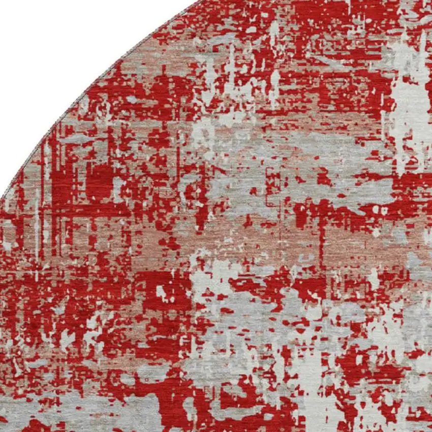 8' Red Gray And Ivory Abstract Washable Round Rug With UV Protection Photo 2