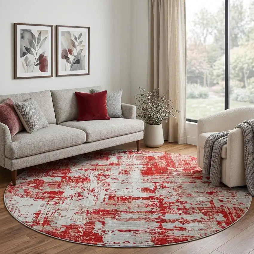 8' Red Gray And Ivory Abstract Washable Round Rug With UV Protection Photo 1