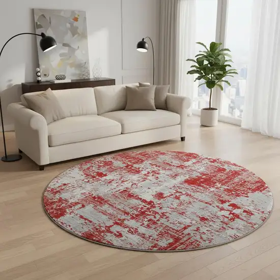 8' Red Gray And Ivory Abstract Washable Round Rug With UV Protection Photo 2
