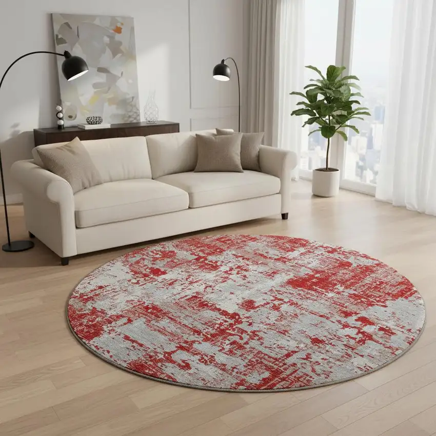 8' Red Gray And Ivory Abstract Washable Round Rug With UV Protection Photo 2