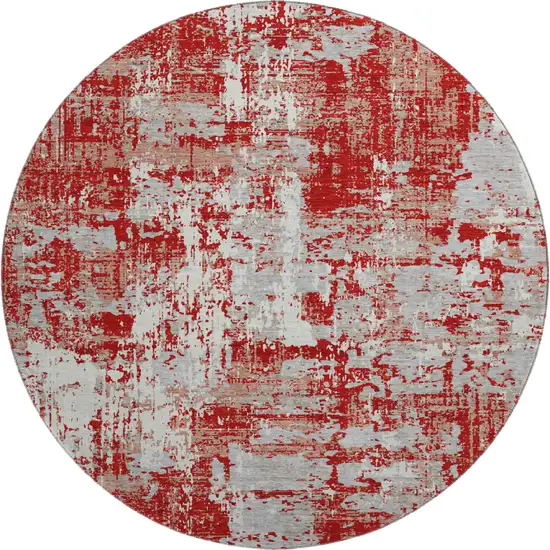 8' Red Gray And Ivory Abstract Washable Round Rug With UV Protection Photo 1