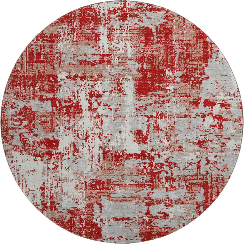 8' Red Gray And Ivory Abstract Washable Round Rug With UV Protection Photo 1