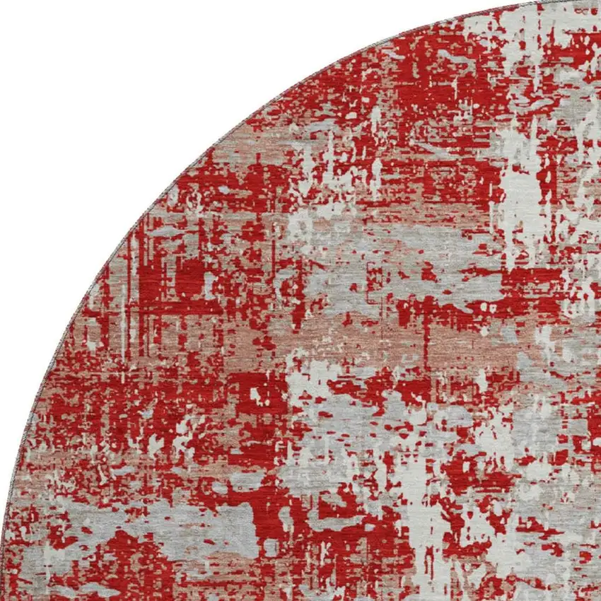 8' Red Gray And Ivory Abstract Washable Round Rug With UV Protection Photo 3