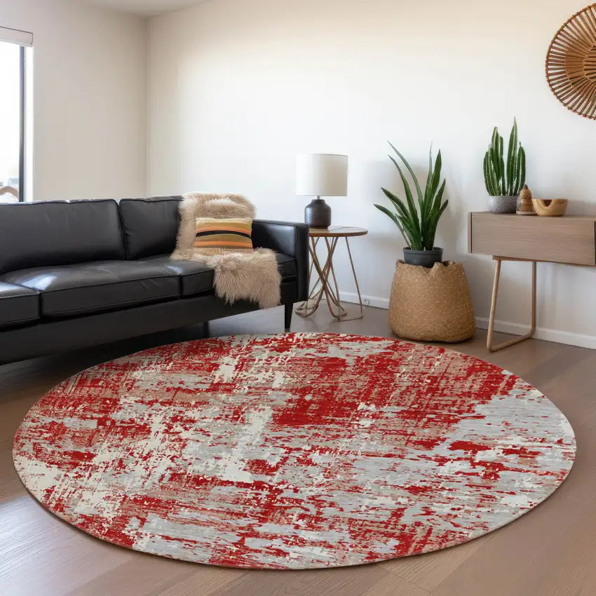 8' Red Gray And Ivory Abstract Washable Round Rug With UV Protection Photo 4
