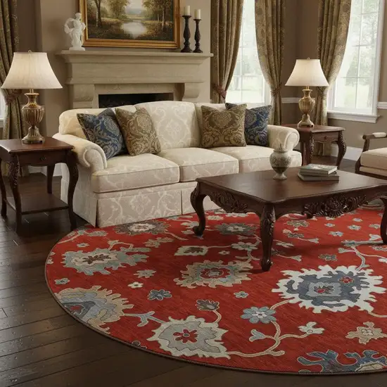8' Red Gray And Ivory Floral Medallion Washable Round Rug With UV Protection Photo 2