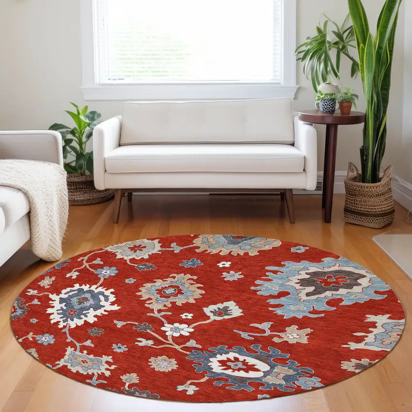 8' Red Gray And Ivory Floral Medallion Washable Round Rug With UV Protection Photo 5