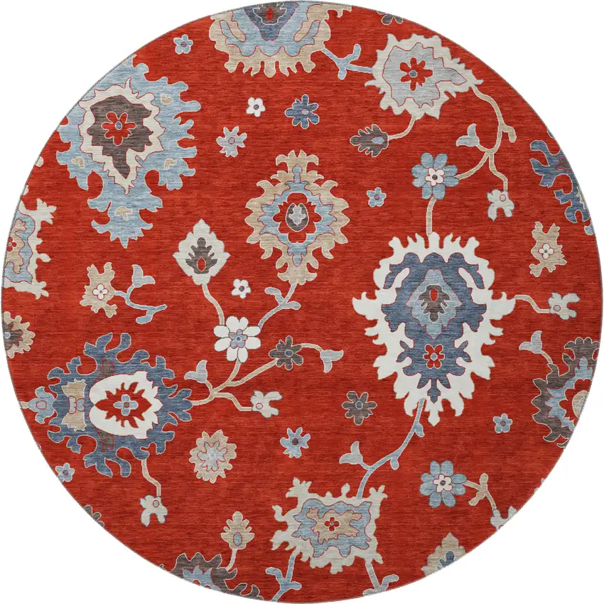 8' Red Gray And Ivory Floral Medallion Washable Round Rug With UV Protection Photo 4