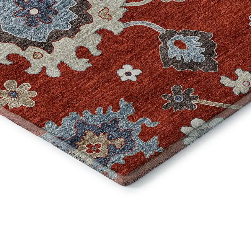 8' Red Gray And Ivory Floral Medallion Washable Round Rug With UV Protection Photo 7