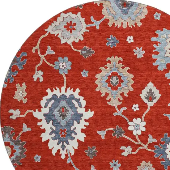8' Red Gray And Ivory Floral Medallion Washable Round Rug With UV Protection Photo 3