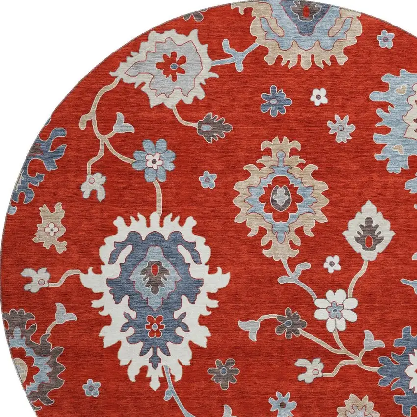 8' Red Gray And Ivory Floral Medallion Washable Round Rug With UV Protection Photo 3