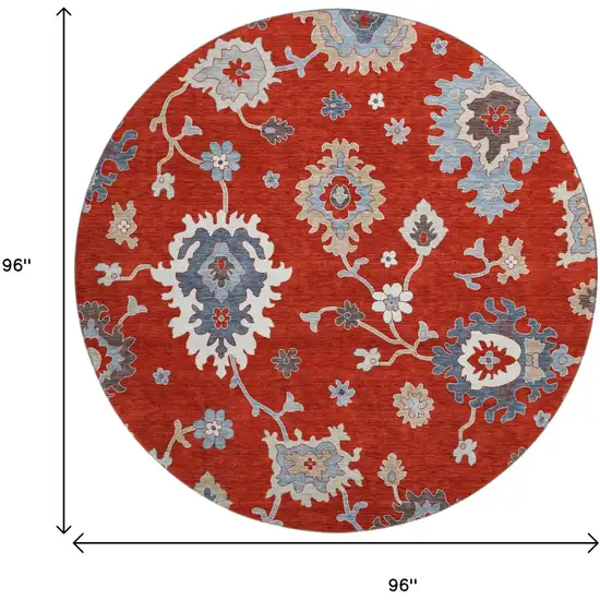 8' Red Gray And Ivory Floral Medallion Washable Round Rug With UV Protection Photo 3