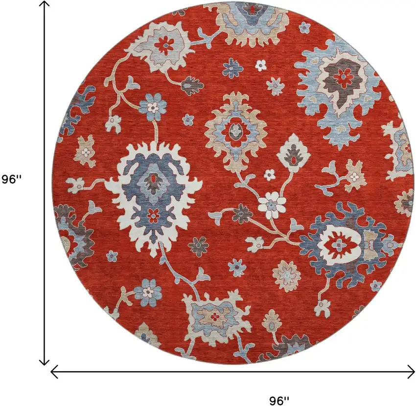 8' Red Gray And Ivory Floral Medallion Washable Round Rug With UV Protection Photo 3