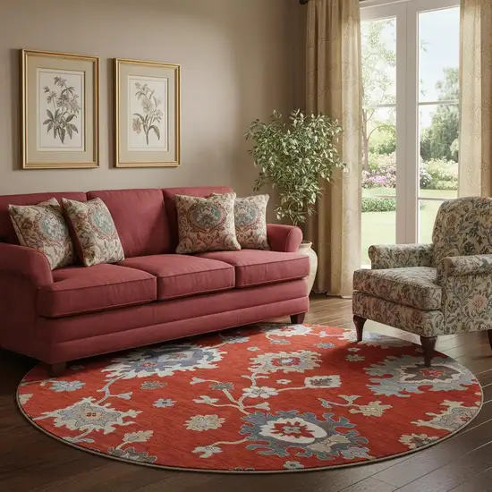 8' Red Gray And Ivory Floral Medallion Washable Round Rug With UV Protection Photo 1