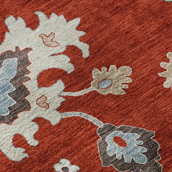 8' Red Gray And Ivory Floral Medallion Washable Round Rug With UV Protection Photo 9