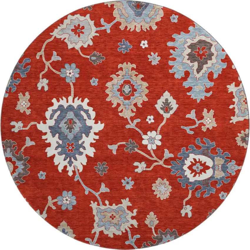 8' Red Gray And Ivory Floral Medallion Washable Round Rug With UV Protection Photo 2