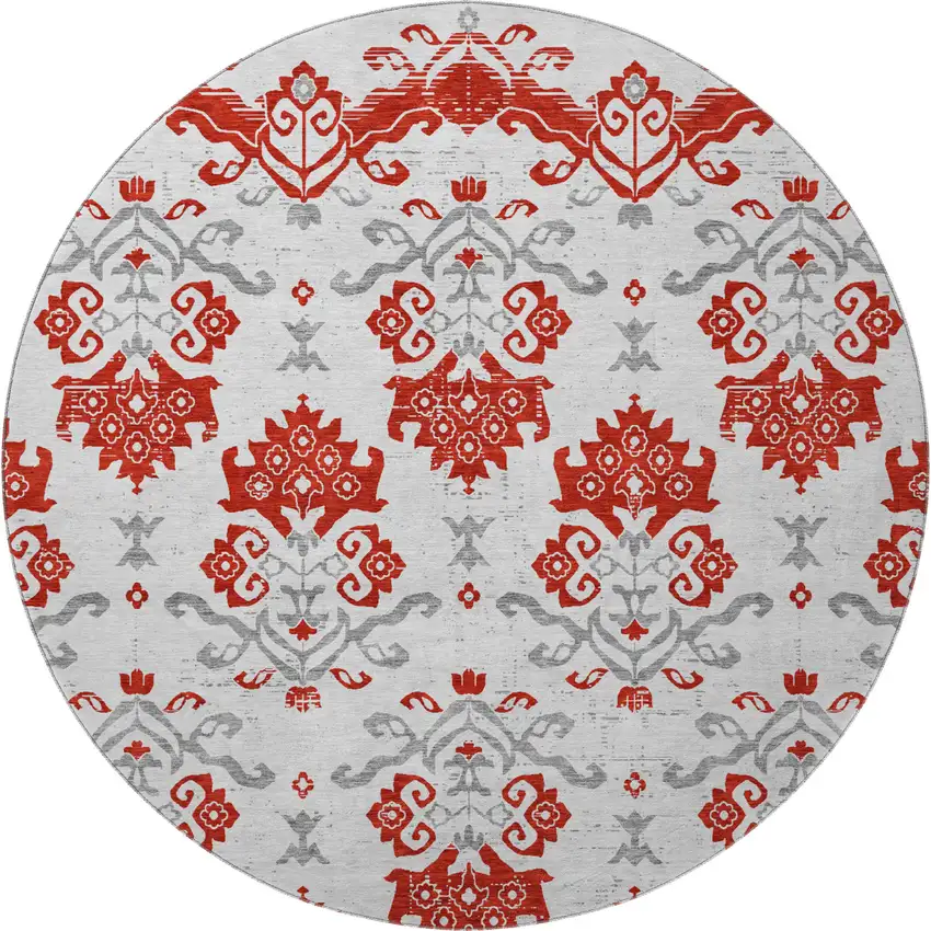 8' Red Gray And Ivory Medallion Washable Round Rug With UV Protection Photo 4