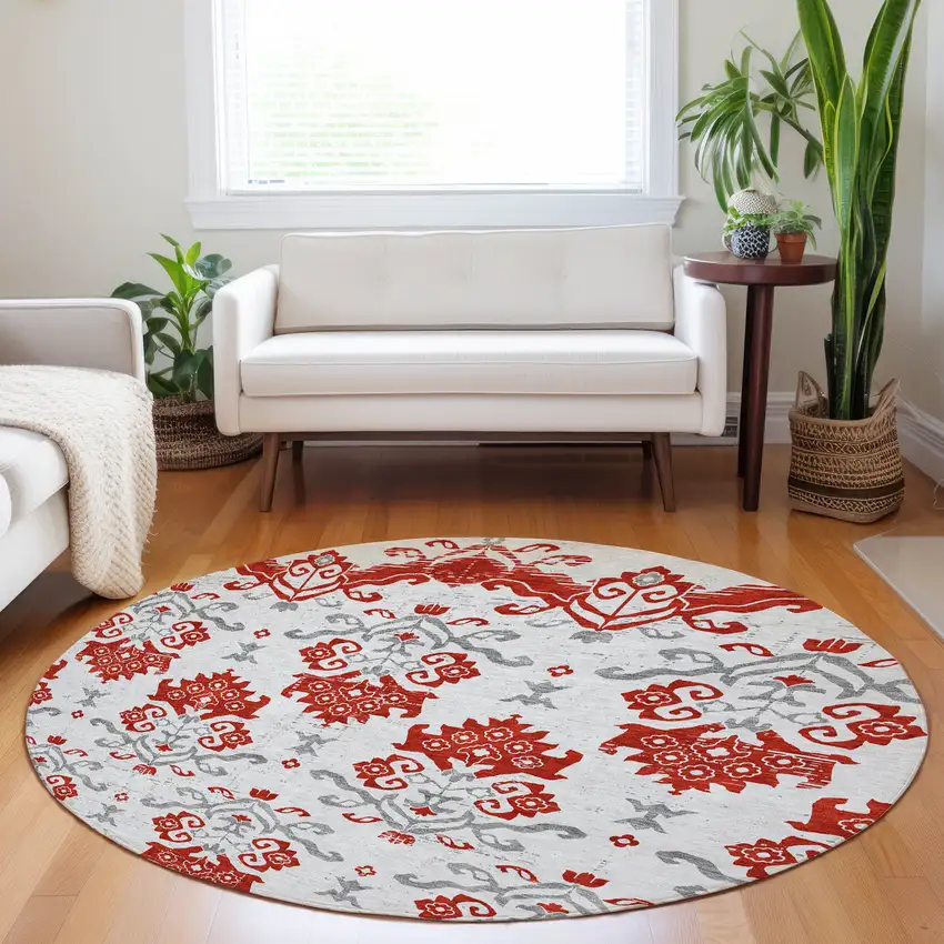8' Red Gray And Ivory Medallion Washable Round Rug With UV Protection Photo 5