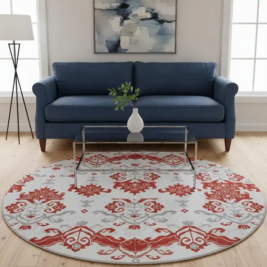 8' Red Gray And Ivory Medallion Washable Round Rug With UV Protection Photo 2
