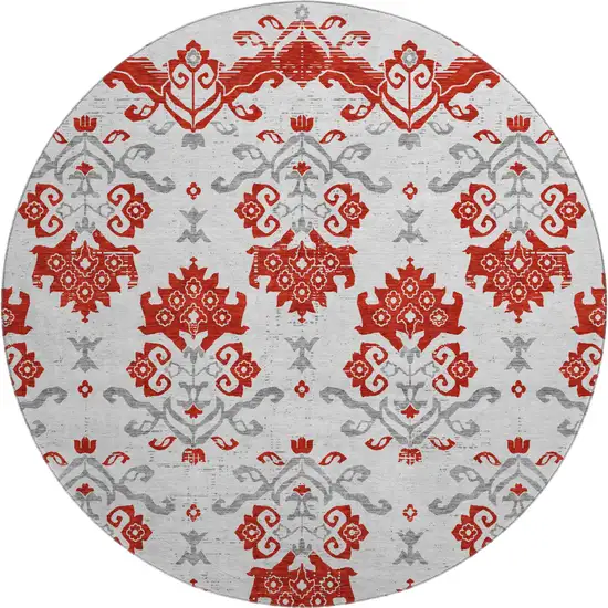 8' Red Gray And Ivory Medallion Washable Round Rug With UV Protection Photo 1