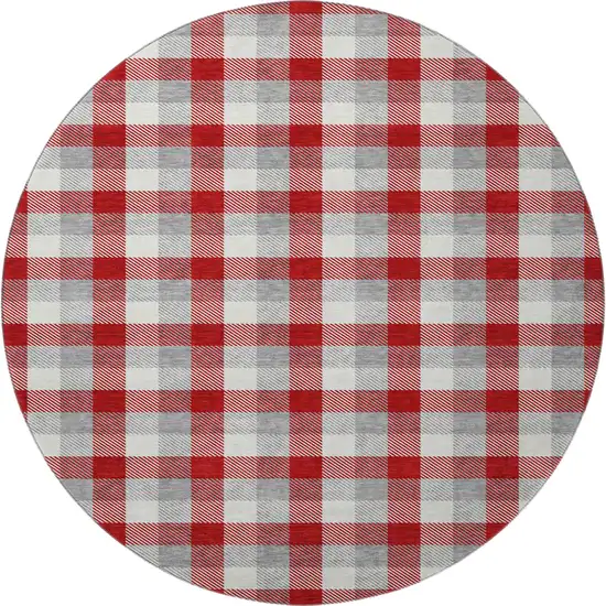 8' Red Gray And Ivory Plaid Washable Round Rug With UV Protection Photo 2