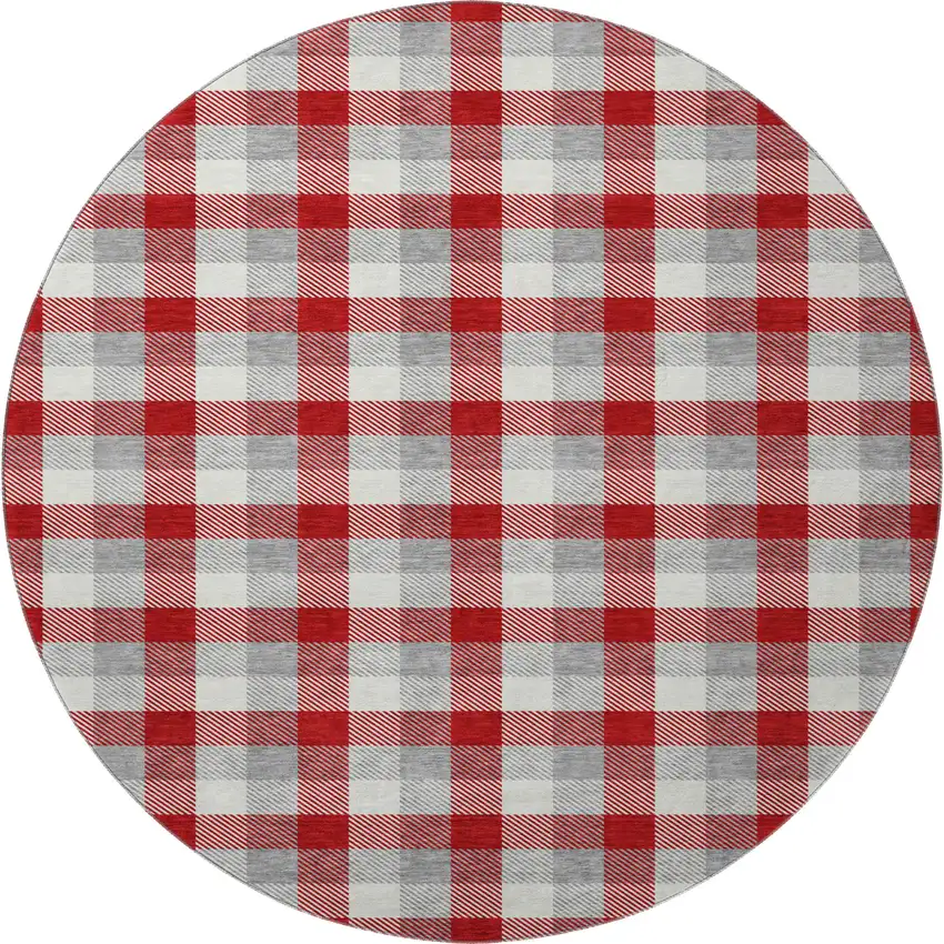 8' Red Gray And Ivory Plaid Washable Round Rug With UV Protection Photo 2