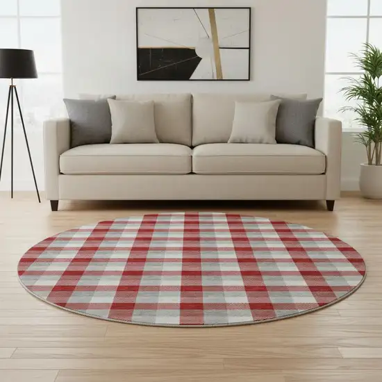 8' Red Gray And Ivory Plaid Washable Round Rug With UV Protection Photo 2