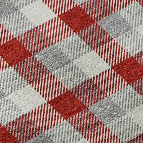 8' Red Gray And Ivory Plaid Washable Round Rug With UV Protection Photo 8