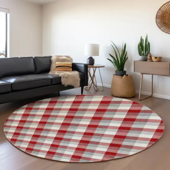 8' Red Gray And Ivory Plaid Washable Round Rug With UV Protection Photo 3