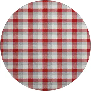 Photo of 8' Red Gray And Ivory Plaid Washable Round Rug With UV Protection