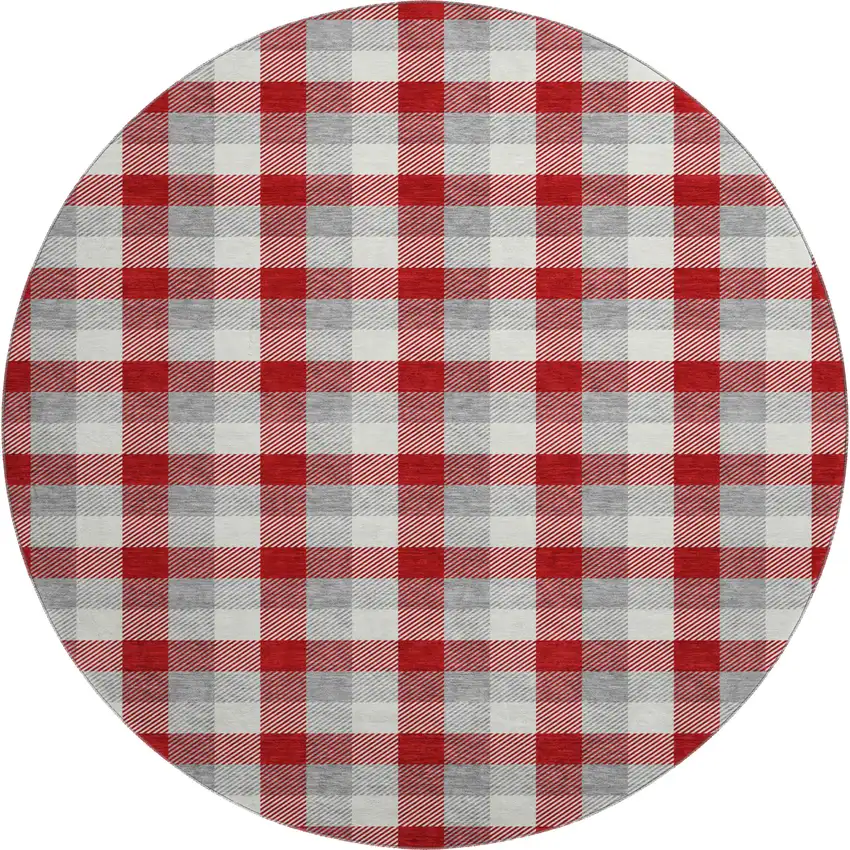 8' Red Gray And Ivory Plaid Washable Round Rug With UV Protection Photo 1