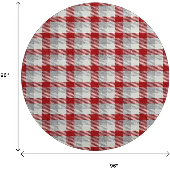 8' Red Gray And Ivory Plaid Washable Round Rug With UV Protection Photo 8
